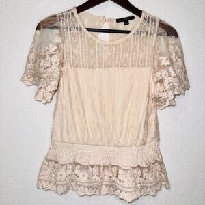 Haute Monde Embroidered Floral Lace Short Flutter Sleeve Peplum Romantic Large